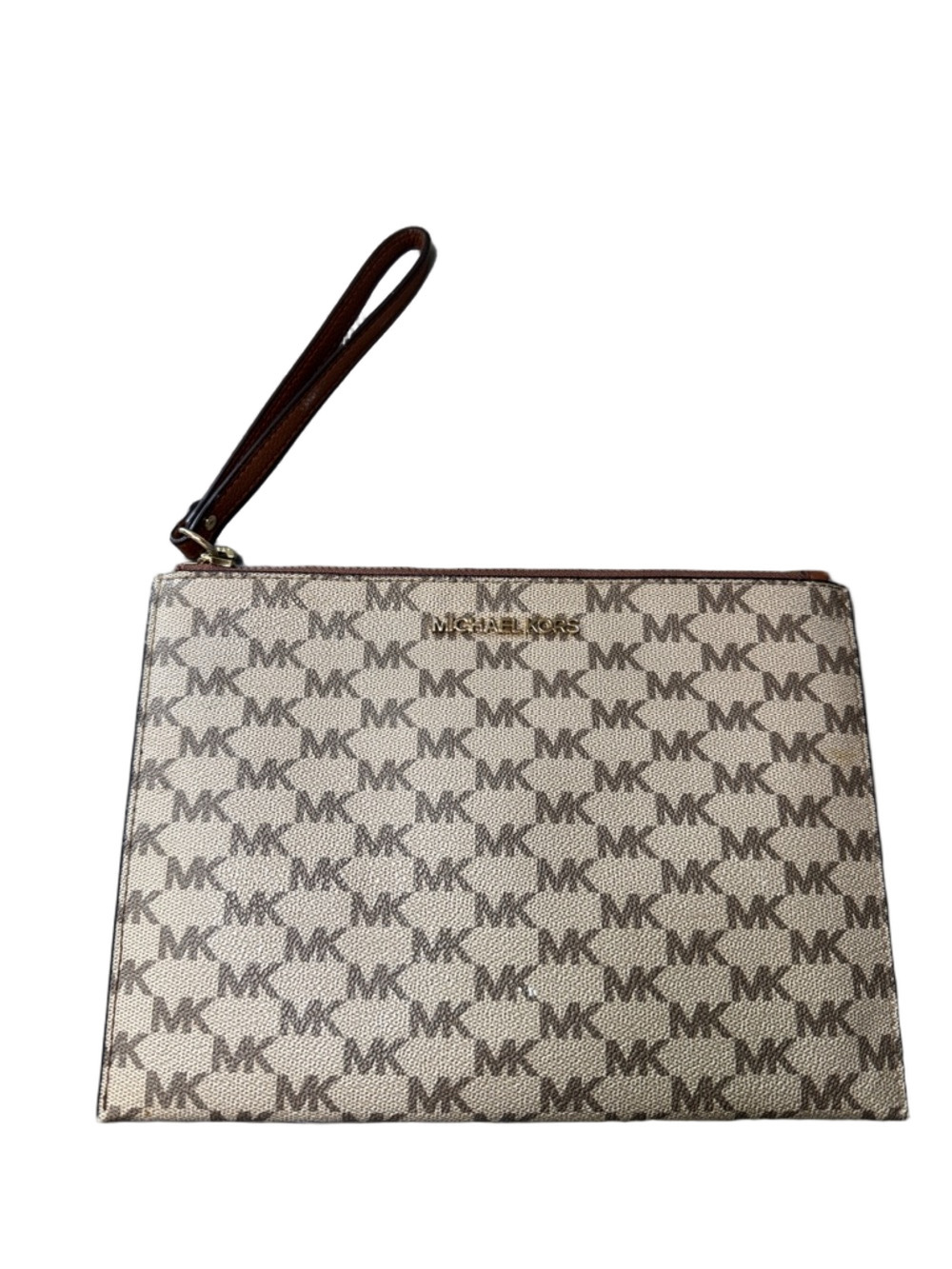 Michael Kors Beige and Brown MK Monogram Wristlet Clutch Wallet